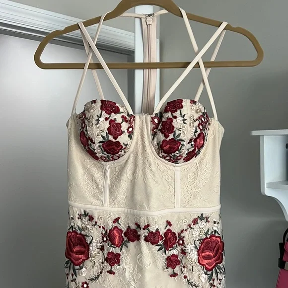 bebe Floral Embroidered Midi Dress - Red and Cream - Picture 3 of 12